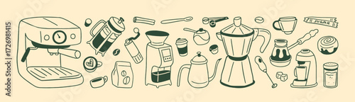 Doodle set of coffeehouse items. Outline drawing coffeeshop tools: coffee machine, turk, cups and mugs for preparing hot drinks, beverages. Hand drawn isolated vector illustrations on white background