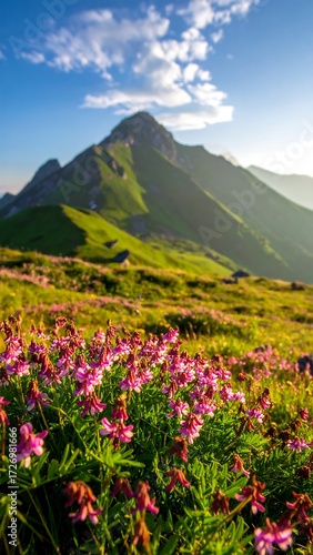 Lush mountain meadow at dawn