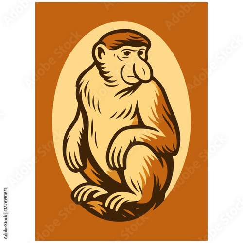 Macaque Monkey Portrait — Primate Wildlife Oval Poster Vector