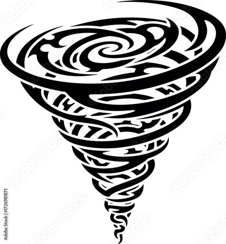 Abstract tribal tornado swirl vector illustration. Stylized black and white weather whirlwind graphic element for tattoo design