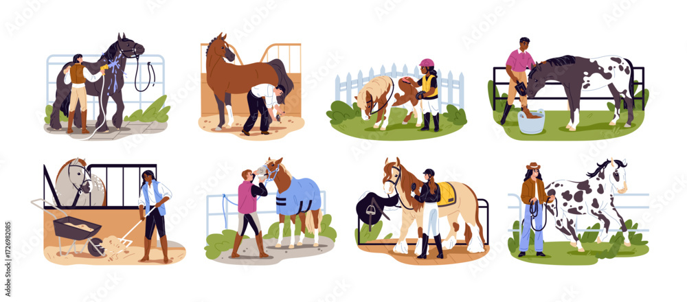 Obraz premium People care about horses set. Mena and women cleaning stables, washing farm animals, brushing and shoeing manes, do vet of mare and feed foals. Flat isolated vector illustrations on white background.