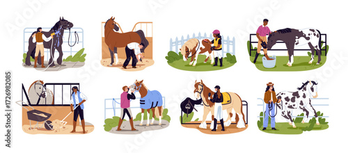 People care about horses set. Mena and women cleaning stables, washing farm animals, brushing and shoeing manes, do vet of mare and feed foals. Flat isolated vector illustrations on white background.
