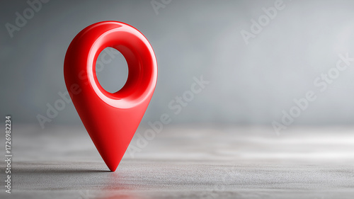 Red 3D map location pin standing on grey surface. AI generated.