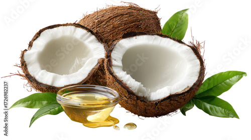 Fresh coconut halves with oil and leaves isolated on transparent background