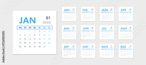 Blue German calendar for 2026. Large month of January on left, thumbnails of all months on right, Monday week start