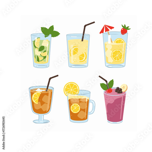 Set of Refreshing Summer Drinks and Cocktails