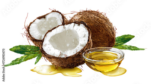 Fresh coconut oil with coconut halves and leaves isolated on transparent background