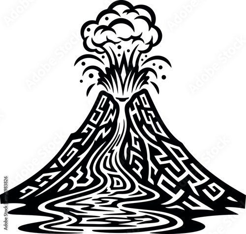 Majestic Volcano Erupting, Showing Lava Flow and Cloud of Smoke - Black and White Asset (45)