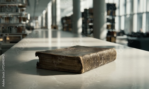 Antique Book Resting on a Table in a Library.