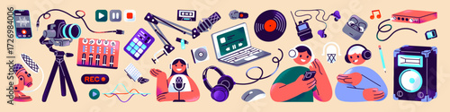 Recording studio icons set. Items of audio podcast or broadcast: microphone, laptop, headphones, speakers, video camera, and hosts of live radio show or lecture. Flat isolated vector illustrations.