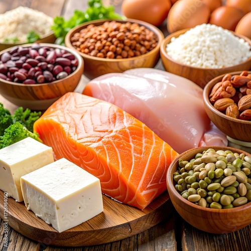 Healthy foods arranged on a wooden board