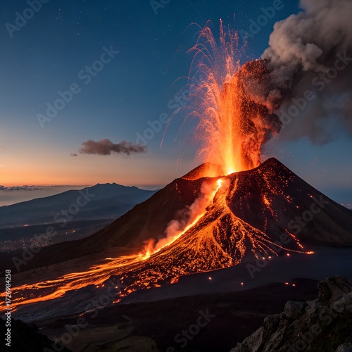 Stromboli Volcano Eruption at Dusk: Spectacular Lava Fountains and Flows in Italy