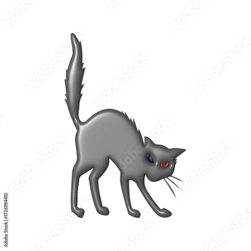 Stylized gray cat illustration, arched back, glowing red and blue eyes, embodying a mystical and eerie concept. Ideal for spooky, fantasy, or Halloween designs