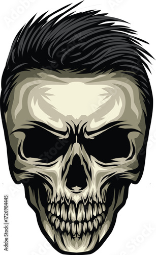 skull with mullet hairstyle, suitable for stickers or t-shirt designs