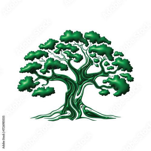 Vibrant green stylized tree illustration with a sturdy, gnarled trunk and a rich, intricate canopy, embodying natural growth, ecological strength, and timeless organic design