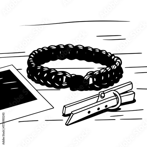 A black and white illustration of a paracord bracelet, a photo, and a clamp on a wooden surface