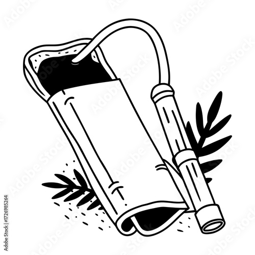 Illustration of a vintage bellows with foliage in black and white line art style on a white background