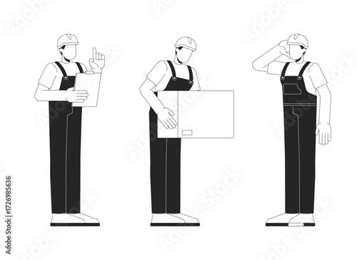 Warehouse workers in different poses wearing safety gear 2D line characters set. Factory staff with clipboard, box isolated vector ink outline people faceless. Monochrome spot illustrations collection