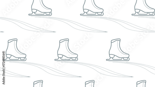 Seamless pattern with ice skates and curved lines representing ice skating trails on a white background