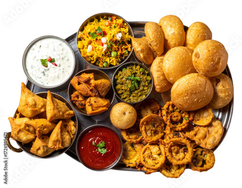 Assorted Indian Street Food Platter with Samosa, Chaat, and Pakoras