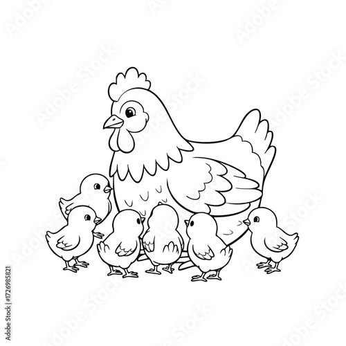 A mother hen surrounded by her adorable chicks, showcasing a nurturing bond in a charming farm setting.