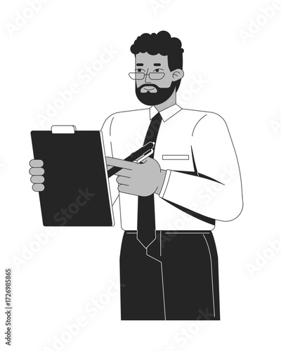 Corporate african american man writing with pen on clipboard 2D line character. Bearded glasses office worker reviewing, note taking isolated vector ink outline person. Monochromatic spot illustration