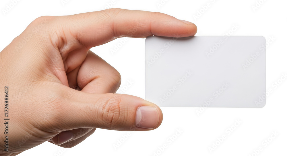 Obraz premium A hand holds a blank white card between its thumb and index finger against a transparent background