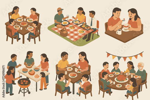 Dining Moments Collection. Situations set icons in modern isometric flat : family at dinner table, friends having picnic, colleagues eating lunch,