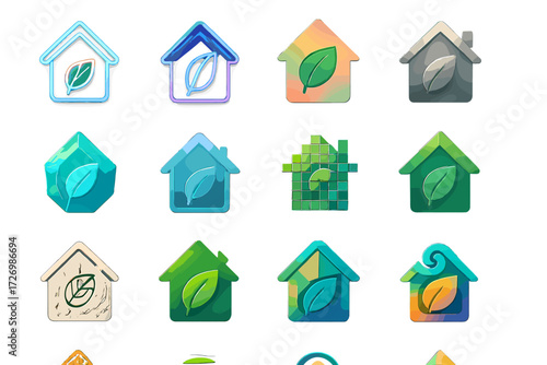 Innovative Sustainable Home Icons. Creative Sustainable Homes in modern flat vector : neon glowing sustainable home, holographic sustainable home,