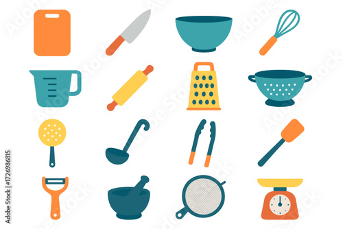 Modern Kitchen Essentials. Kitchen Prep Basics in modern flat vector : cutting board, kitchen knife, mixing bowl, whisk tool, measuring cup, rolling