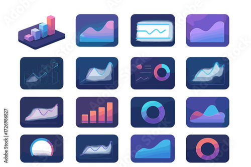 Vibrant Analytics Dashboard. Creative Analytics Dashboard in modern flat vector : 3D chart widget, gradient chart widget, neon dashboard, flat minimal