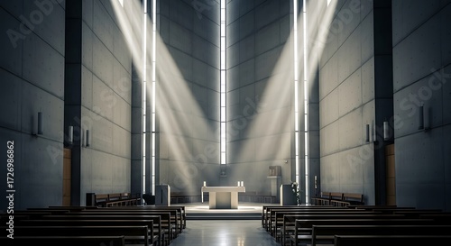 Modern Concrete Church Interior, Sunlight Beams