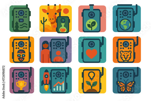 Wildlife Camera Icons. Event Wildlife Cameras in modern flat vector : camera for forest survey, camera for safari, camera for research lab, camera for