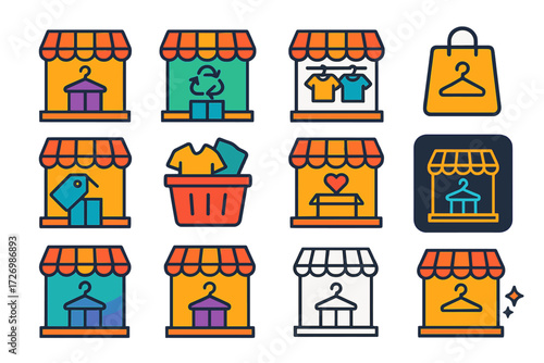 Thrift Shop Icons. Thrift Shop Variations in modern flat vector : storefront with hanger, shop with recycle symbol, store with clothing rack, bag with