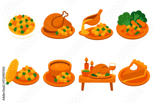 Stuffing Feast Icons. Serving Context in modern flat vector : stuffing on plate, stuffing with turkey, stuffing with gravy, stuffing with side