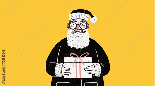 Cartoon santa doodle holding christmas present in quirky modern style for festive holiday illustration