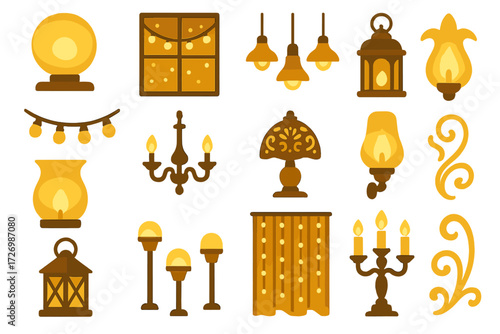 Golden Light Decor Icons. Decor Golden Lights in modern flat vector : table centerpiece glow, window light garland, outdoor patio lights, garden