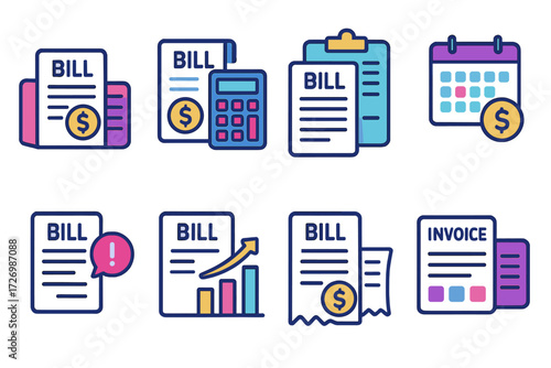 Bill Payment Icons. Financial & Tracking in modern flat vector : bill payment with ledger, bill payment with calculator, bill payment with document,