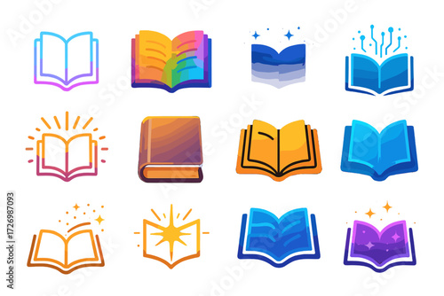Vibrant Storytime Icons. Creative Storytime Icons in modern flat vector : neon glowing storytime, rainbow gradient storytime, cosmic glowing book,