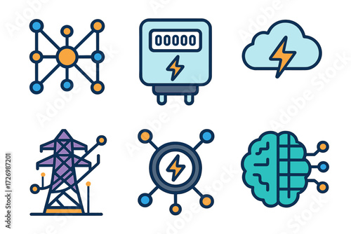 Smart Energy Network. Smart Energy Grid in modern flat vector : grid with digital nodes, smart meter, cloud with energy symbol, data-driven power