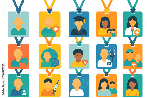 Vibrant Healthcare ID Icons. Event Patient IDs in modern flat vector : hospital patient ID, clinic patient ID, nursing graduation ID, healthcare fair
