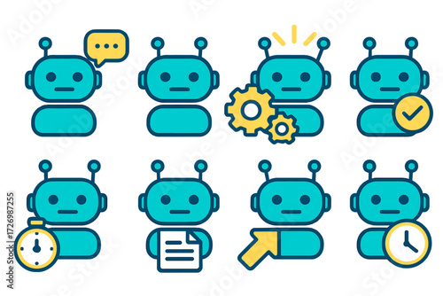 Vibrant Smart Bot Icons. Interactive Smart Bots in modern flat vector : smart bot with speech bubble, smart bot with gears, smart bot with light rays,