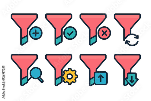 Colorful Funnel Icons. Funnel Actions in modern flat vector : funnel with plus sign, funnel with checkmark, funnel with cross mark, funnel with