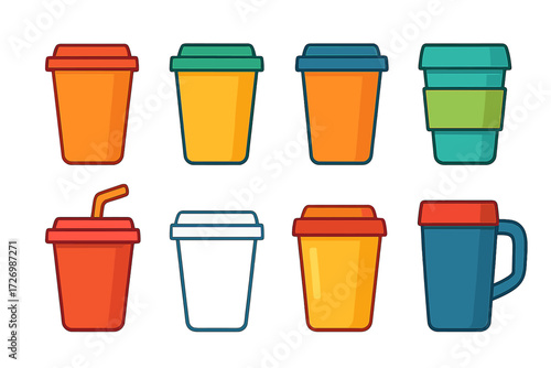Colorful Reusable Cups Icons. Basic Reusable Cups in modern flat vector : classic reusable coffee cup, reusable cup with lid, stainless steel reusable
