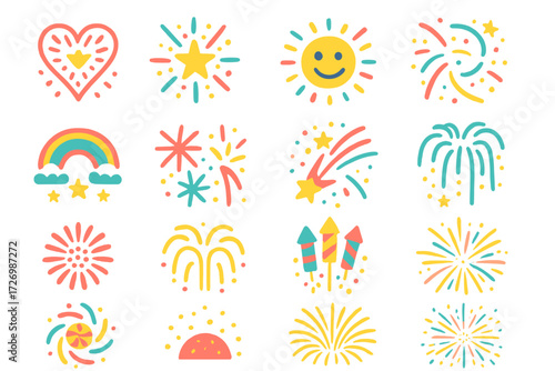 Vibrant Fireworks Icons. Special Fireworks in modern flat vector : heart-shaped fireworks, star-shaped fireworks, smiley fireworks, spiral fireworks,