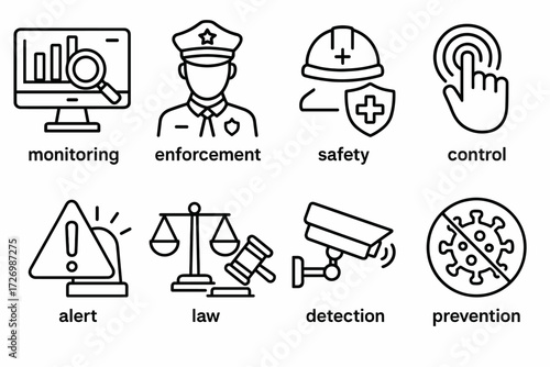 Security and Safety Icons. Concepts icons in outline style: monitoring, enforcement, safety, control, alert, law, detection, prevention