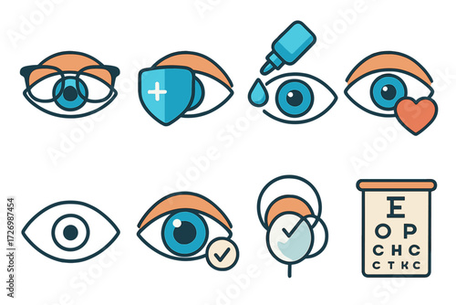 Modern Eye Care Icons. Basic Eye Care in modern flat vector : eye with glasses, eye with protective shield, eye with drops, eye with heart, eye with
