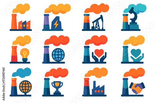 Modern Vibrant Smokestacks. Event Smokestacks in modern flat vector : factory smokestack, power plant smokestack, oil rig smokestack, research lab