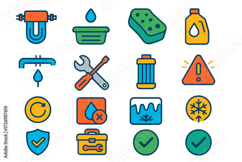 Appliance Maintenance Icons. Maintenance in modern flat vector : water filter, drip tray, cleaning sponge, descaling bottle, water line, wrench,