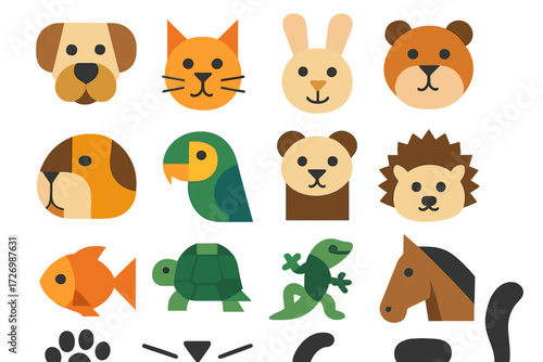 Pet Icons. Pets set of icons in abstract flat : dog, cat, rabbit, hamster, guinea pig, parrot, ferret, hedgehog, fish, turtle, lizard, horse, paw